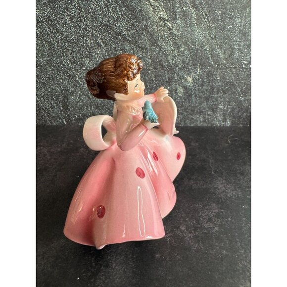 Vintage Lefton "May" Girl Porcelain Figurine 4.5"x4" Pink Dress With Hat & Blueb - Picture 3 of 8